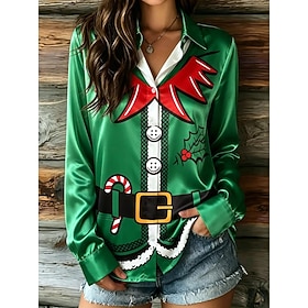 Christmas Women's Shirt Satin Top Satin Shirt Graphic Santa Claus Christmas Tree Vintage Stylish Modern Long Sleeve Shirt Collar Regular Tops Casual Daily Part