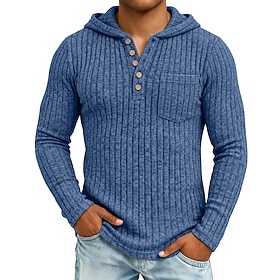 Men's T Shirt Fleece Shirt Ribbed Knit tee Long Sleeve Hooded Henley Fall Winter Spring Fall Solid Color Textured Warm Traditional / Vintage Casual Warm Plain