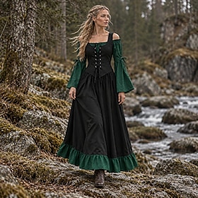 Medieval Renaissance Cocktail Dress Cosplay Costume Prom Dresses Viking Outlander Plus Size Ranger Elven Fancy Dress Women's Celtic Halloween Carnival Masquera