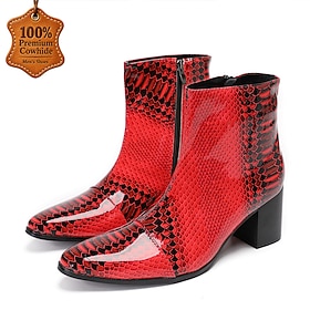 Men's Genuine Leather Red Snake-Embossed Ankle Boots with Pointed Toes and Chunky Block Heels, Bold Rock-Inspired Dress Boots for Parties, Performances and Nig