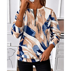 Women's Zip Up Sweatshirts Zipper Print Graphic Abstract Fashion Casual Long Sleeve Round Neck Half Zip Regular Tops Street Dailywear Blue Black khaki Spring F
