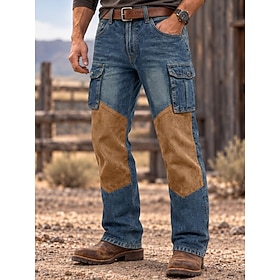 Men's Cargo Pants Cargo Trousers Denim Pants 100% Cotton Patchwork Pocket Straight Leg Color Block Plain Comfort Full Length Casual Daily Outdoor Vacation Fash