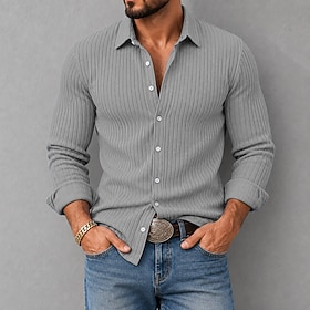 Men Shirt Ribbed Knitted Texture Casual Shirt Button Up Shirt White Navy Blue Gray Light Blue Long Sleeve Plain Textured Shirt Collar Casual Daily Clothing App
