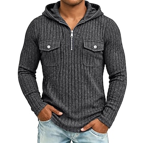 Men's T Shirt Fleece Shirt Bottoming Shirt Ribbed Knit tee Long Sleeve Hooded Quarter Zip Fall Winter Spring Fall Solid Color Textured Warm Traditional / Vint