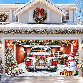 Christmas Garage Door Cover, 3D Optical Illusion Snowman Christmas Truck Santa Workshop Scene, Festive Garage Door Banner Decorations, Outdoor Holiday Home Dec