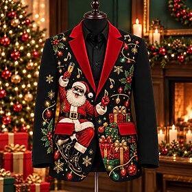 Christmas Men Santa Claus Blazer Jacket Coat Fashion Comfortable Breathable Casual Vacation Christmas Party Evening Wear 3D Print Buttons Multi Pocket Fall Wi