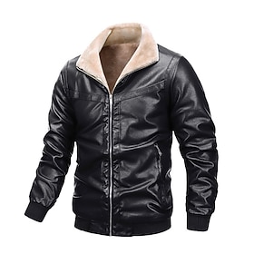 Men's Faux Leather Jacket Fleece Jacket Jacket Casual Jacket Casual Outdoor Thermal Warm Windproof Pocket Fall Winter Solid Color Punk Active Stand Collar Regu