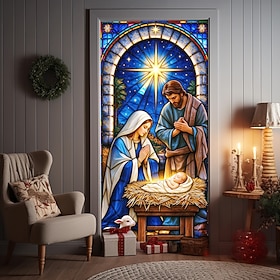 Christmas Front Door Cover, 3D Optical Illusion Nativity Scene, Stained Glass Style Manger with Holy Family and Angel, Religious Outdoor Door Decorations, Holi