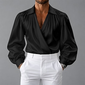 Men's Shirt Satin Shirt Dress Shirt Casual Shirt Button Up Shirt Prom Shirt Plain Party Wedding Blue White Light Blue Black Long Sleeve Deep V All Seasons Clot