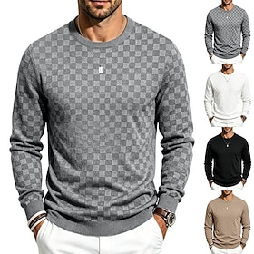 Men's Jacquard Sweatshirt Pullover White Khaki Black Light Grey Crew Neck Tartan Plain Casual Daily Sports  Outdoor Streetwear Cool Sportswear Fall  Winter Clo