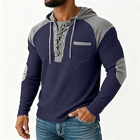 Men's Waffle Tee Waffle Henley Shirt Shirts With Elbow Patches Long Sleeve Hooded Fall Spring Fall Solid Color Fashion Modern Drawstring Pockets Patchwork Ca