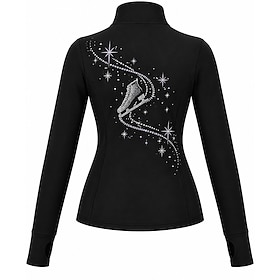 Figure Skating Fleece Jacket Women's Ice Skating Jacket Top Black Patchwork Stretchy Training Competition Skating Wear Crystal / Rhinestone Long Sleeve Ice Ska