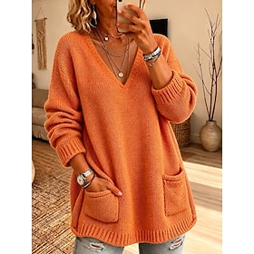 Women's Mock Two-Piece Sweater Pullover Sweater Jumper Elegant Vacation Vintage Solid Color V Neck Patchwork Long Sleeve Long Tops Knit Daily Home Work Red Ora