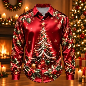 Christmas Men's Christmas Tree Christmas Baubles Satin Shirt Button Down Shirt Christmas Shirt Long Sleeve Fashion Casual Vacation Party Evening Wear New Years