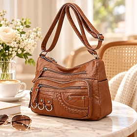 Women's Vintage Faux Leather Crossbody Bag with Multiple Zipper Pockets – Casual Shoulder Handbag for Everyday Use