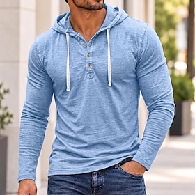 Men's Cotton T Shirt Long Sleeve Hooded Henley Spring Fall Autumn Plain Basic Modern Casual Drawstring Buttons Basic Casual Home Street Blue Black Yellow Top T
