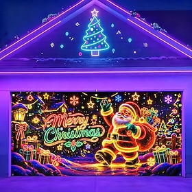 Blacklight Christmas Garage Door Cover, UV Reactive Fluorescent Santa Claus Reindeer Sleigh Print Garage Door Banner, Christmas Night Scene Backdrop for Outdoo