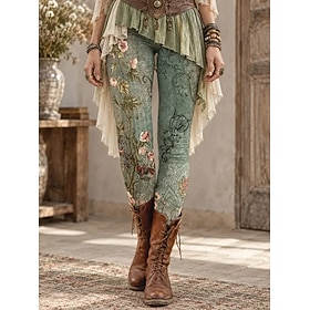 Women's Leggings Vacation Vintage Fashion Full Length High Waist Floral Graphic Printing Thermal Warm Soft Breathable Stretchy Casual Daily Vacation Green Spri