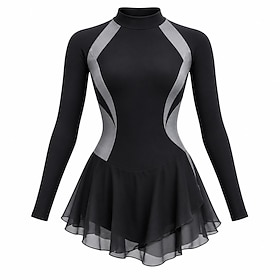 Figure Skating Dress Women's Ice Skating Dress Black Patchwork Asymmetric Hem Stretchy Training Competition Skating Wear Classic Long Sleeve Ice Skating Figure