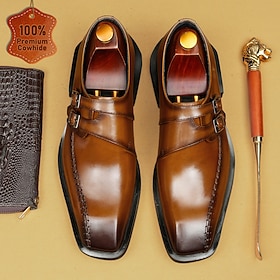Men's Genuine Leather Brown Double Monk Strap Dress Shoes Buckle Formal Shoes Classic Luxury Vintage Style Business Wedding Office Party Evening Wear Elegant L