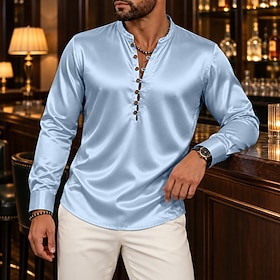 Men's Shirt Satin Shirt Dress Shirt Button Up Shirt Prom Shirt Plain Party Wedding Blue Light Blue Black Gold Long Sleeve Mandarin Collar Spring All Seasons Cl