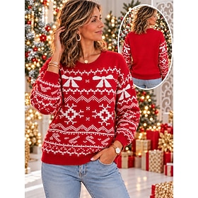 Women's Christmas Sweaters Streetwear Daily Casual Geometric Ribbed Crew Neck Jacquard Long Sleeve Regular Tops Knit Christmas Holiday Date Black Red Fall Wint