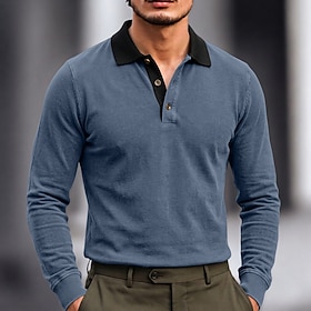 SoftFade™ Men's 100% Cotton Acid Wash Polo Casual Vacation Turndown Long Sleeve Fashion Leisure Plain Color Block Buttons Fall  Winter All Seasons Regular Navy