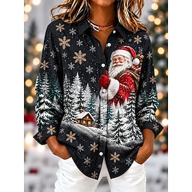 Christmas Women's Blouse Buttons Print Graphic Santa Claus Vintage Stylish Classic Long Sleeve Shirt Collar Regular Tops Casual Daily Holiday Blue Black Red Sp