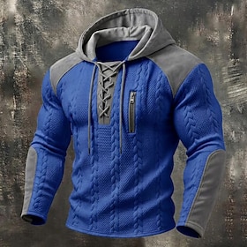 Men's T Shirt Hoodie Long Sleeve Hooded Jacquard Drawstring Fall Winter Fall Color Block Textured Sporty Traditional / Vintage Casual Casual Home Outdoor Blac