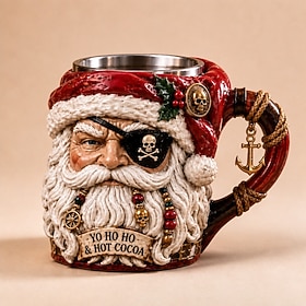 Pirate Santa Mug, 3D Sculpted Santa Claus Ceramic Coffee Cup with Pirate Hat, Eyepatch and Skull Decorations, Novelty Christmas Mug, Unique Holiday Gift for Me