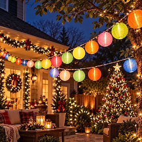 Christmas Solar Powered Colorful Fabric Lantern String Lights, IP44 Waterproof LED Indoor Outdoor Decorations for Garden, Patio, Balcony, Porch Railing, Fence,