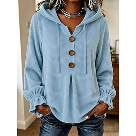 Women's Waffle Shirt Buttons Solid Color Elegant Daily Stylish Long Sleeve Hooded Long Tops Casual Daily Going out Blue Khaki Black Pink Purple Summer Spring F