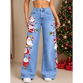 Christmas Women's Jeans Denim Wide Leg Chinos Vacation Vintage Basic Long High Waist Floral Graphic Comfy Comfort Comfortable Inelastic Casual Daily Daily Wear