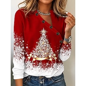 Christmas Women's T Shirt Buttons Print Graphic Christmas Tree Snowflake Stylish Classic Casual Long Sleeve Asymmetrical Regular Tops Casual Daily Blue Red Gre