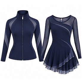 Figure Skating Dress with Jacket Women's Ice Skating Outfits Navy Patchwork Asymmetric Hem Stretchy Training Competition Skating Wear Classic Crystal / Rhinest