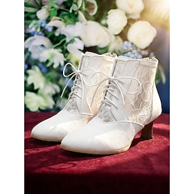 Botines de boda blancos de encaje para mujer - botines nupciales victorianos vintage con cordones en la parte delantera y elegante tacón medio, zapatos de boda