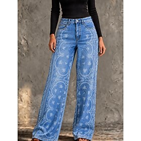 Women's Jeans Denim Cotton Blend Wide Leg Vacation Vintage Basic Full Length High Waist Floral Graphic Print Comfy Comfort Comfortable Inelastic Casual Daily D