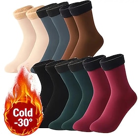 Women's Heavyweight Fuzzy Fast Heating Keep Warm Calf High Mid-Calf Socks (12 Pieces/6 Pairs, Black Solid Color) - Thick Fleece Traps Cozy Body Heat, Cold-Proo