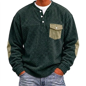 Men's T Shirt Corduroy Shirt Waffle Henley Shirt Long Sleeve Henley Fall Winter Fall Solid Color Textured Traditional / Vintage Casual Henley Pocket Color Blo