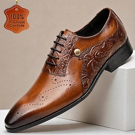 Men's Genuine Leather Brown Brogue Oxford Dress Shoes Lace Up Formal Shoes Vintage Classic Elegant Business Wedding Shoes Luxury Leather Footwear for Office Me