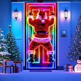 Blacklight Christmas Door Cover, Santa Claus Climbing Over Door 3D Optical Illusion, UV Reactive Neon Santa Peeking Through Door, Glow in the Dark Holiday Fron