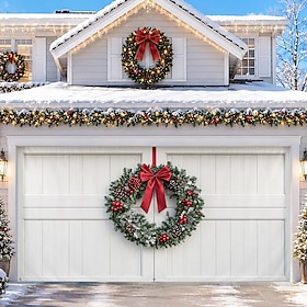 Christmas Garage Door Cover, 3D Christmas Wreath and Holiday Lights Print Garage Door Banner, Festive Front Door and Garage Decoration for Winter Holiday Seaso