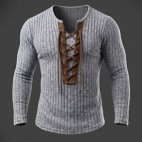 Men's T Shirt Fleece Shirt Bottoming Shirt Ribbed Knit tee Long Sleeve Lace Up Neck Henley Fall Winter Spring Fall Solid Color Textured Warm Traditional / Vin