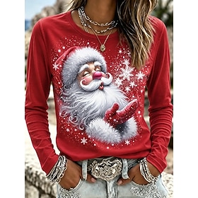 Christmas Women's T Shirt Print Graphic Santa Claus Vintage Fashion Stylish Long Sleeve Round Neck Regular Tops Casual Daily Weekend Blue Red Green Spring Fall