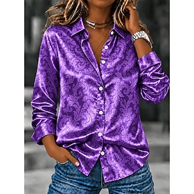 Women's Shirt Buttons Print Geometric Color Block Elegant Vintage Daily Long Sleeve Shirt Collar Long Tops Casual Daily Work Blue Yellow Purple Summer Spring F
