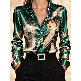 Women's Shirt Buttons Print Geometric Color Block Elegant Vintage Daily Long Sleeve Shirt Collar Regular Tops Casual Daily Work Blue Red Green Rainbow Summer S