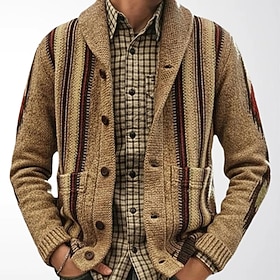 Men's Sweater Cardigan Sweater Ribbed Knit Regular Tops Button Up Retro Geometric Shawl Collar Fashion Streetwear Casual Daily Wear Clothing Apparel Fall Winte