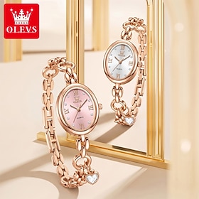 OLEVS Women's Quartz Bracelet Watch, Oval Dial, Rose Gold Stainless Steel Chain Band, Decorative Heart-Shaped Rhinestone Accents, Elegant Jewelry Wristwatch fo