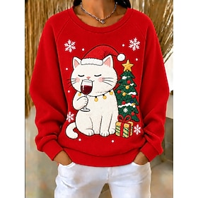 Christmas Women's Waffle Textured Pullover Sweatshirt Santa Claus Christmas Tree Christmas Basic Casual Print Long Sleeve Crew Neck Round Neck Regular Tops Cas