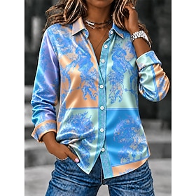 Women's Stain  Shirt Buttons Print Ombre Floral Graphic Elegant Vintage Daily Long Sleeve Shirt Collar Regular Tops Casual Daily Work Blue Yellow Orange Summer